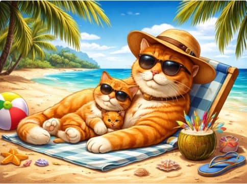 Happy orange cat laying on a beach towel at the beach with his wife and kitten and coconut at the side enjoying his insurance savings and protection